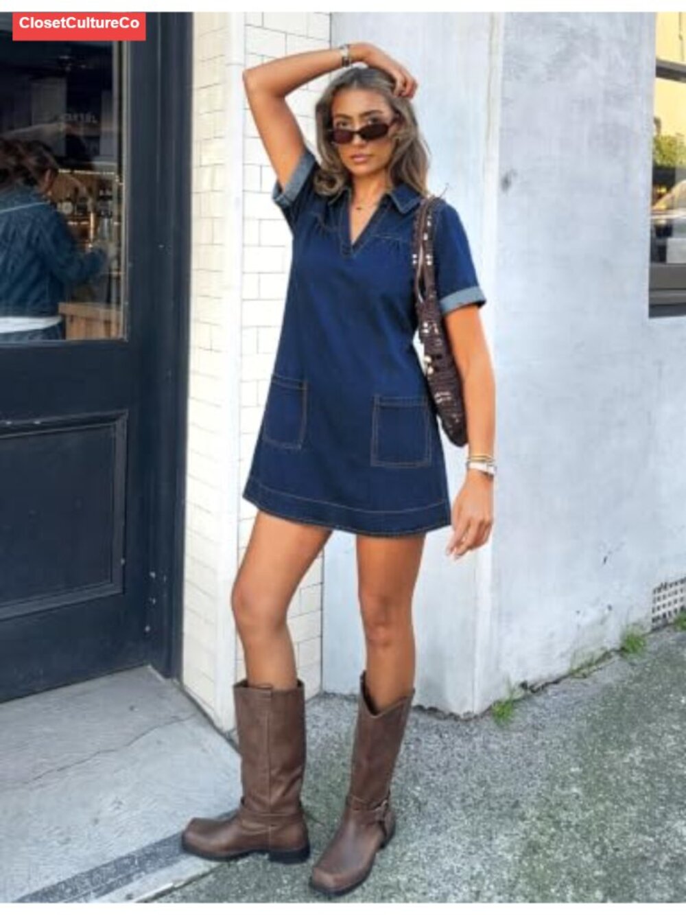 Denim Dress Short Sleeve V-Neck Mini Shift Casual Summer Jean Dress - Picture 4 of 6